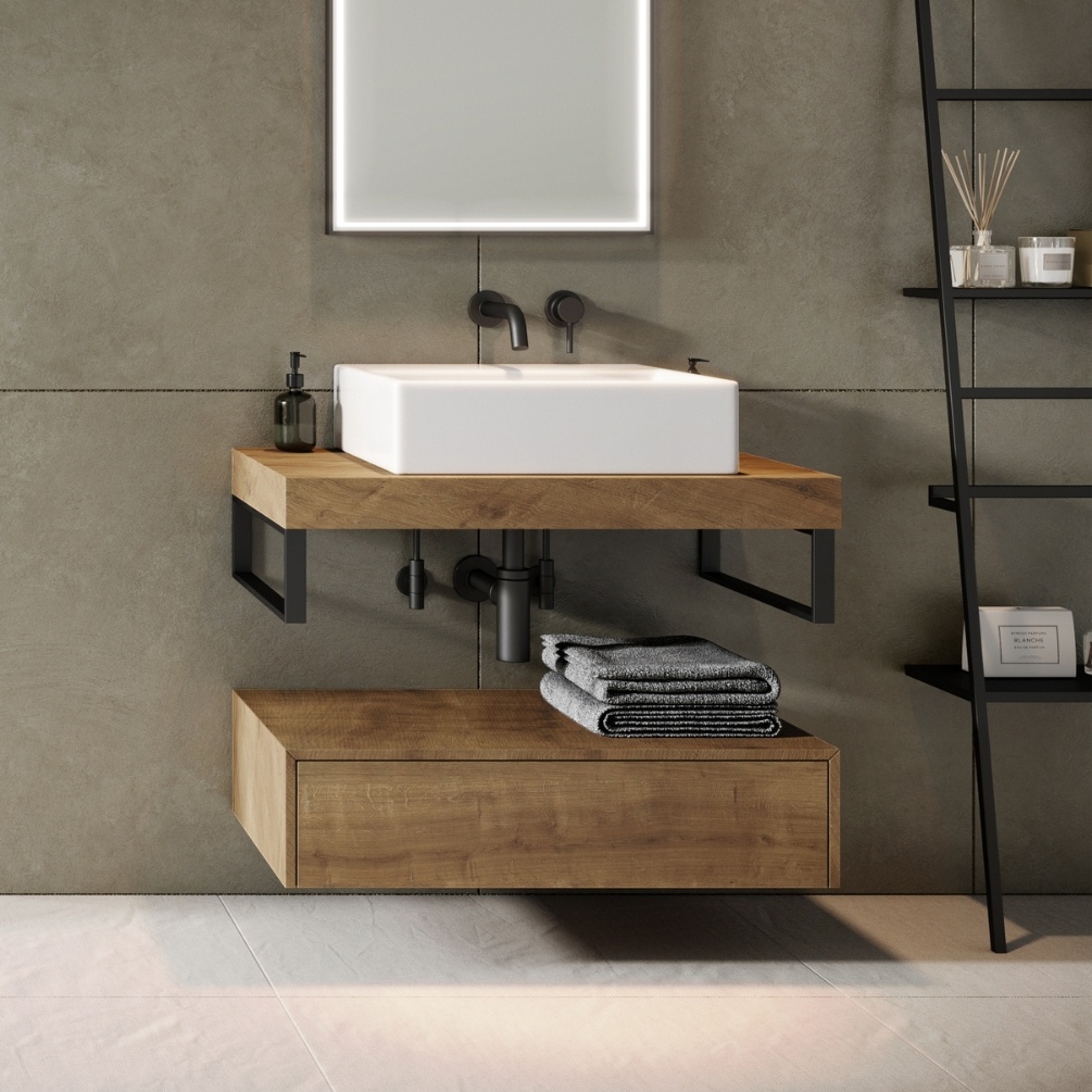 Product Lifestyle image of the Abacus Concept Cloud Halifax Oak 800mm Shelf with Matt Black Towel Hangers, paired with a Concept Cloud Halifax Oak 800mm Base Unit and a rectangular countertop basin